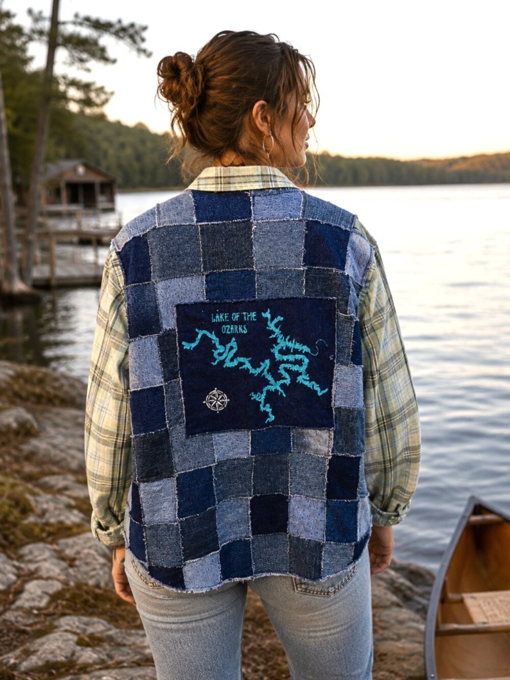 Lake of Ozarks Patchwork Jean Jacket Upcycled Handmade LOZ Lake Shirt Women's S